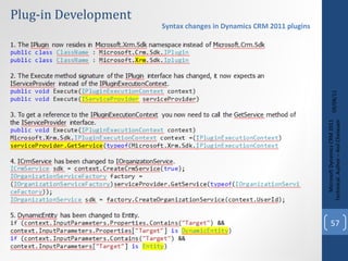 Plug-in Development 09/08/11 Microsoft Dynamics CRM 2011 Techinical. Author – Anil Chelasani Syntax changes in Dynamics CRM 2011 plugins 