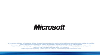 © 2011 Microsoft Corporation. All rights reserved. Microsoft, Microsoft Dynamics, and the Microsoft Dynamics logo are trademarks of the Microsoft group of companies. The information
                        herein is for informational purposes only and represents the current view of Microsoft Corporation as of the date of this presentation.
     Because Microsoft must respond to changing market conditions, it should not be interpreted to be a commitment on the part of Microsoft, and Microsoft cannot guarantee
                                                       the accuracy of any information provided after the date of this presentation.
                          MICROSOFT MAKES NO WARRANTIES, EXPRESS, IMPLIED OR STATUTORY, AS TO THE INFORMATION IN THIS PRESENTATION.
 