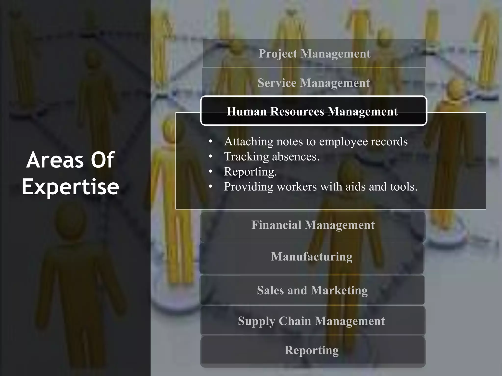 Project Management
Service Management
Financial Management
Manufacturing
Sales and Marketing
Supply Chain Management
Reporting
Areas Of
Expertise
• Attaching notes to employee records
• Tracking absences.
• Reporting.
• Providing workers with aids and tools.
Human Resources Management
 