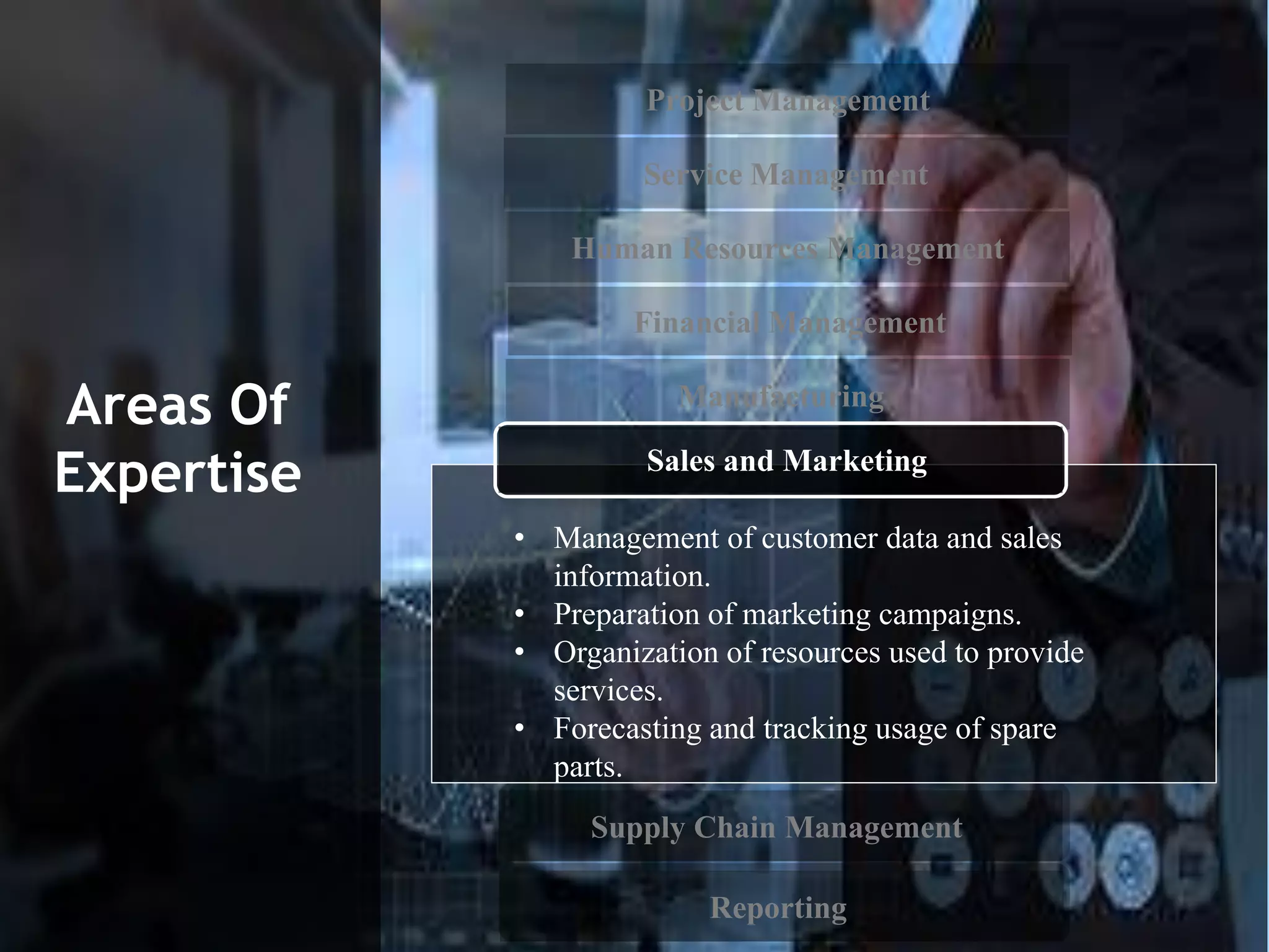 Project Management
Service Management
Human Resources Management
Financial Management
Supply Chain Management
Reporting
Areas Of
Expertise
• Management of customer data and sales
information.
• Preparation of marketing campaigns.
• Organization of resources used to provide
services.
• Forecasting and tracking usage of spare
parts.
Manufacturing
Sales and Marketing
 