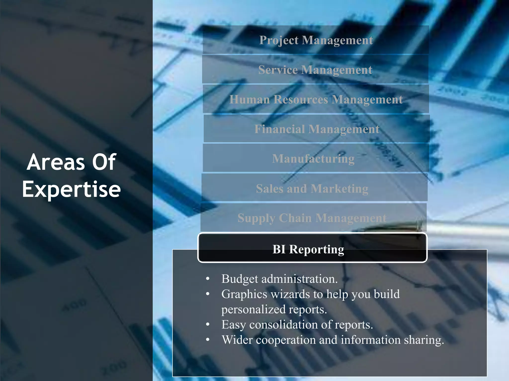 Project Management
Service Management
Human Resources Management
Financial Management
Supply Chain Management
Areas Of
Expertise
• Budget administration.
• Graphics wizards to help you build
personalized reports.
• Easy consolidation of reports.
• Wider cooperation and information sharing.
Manufacturing
Sales and Marketing
BI Reporting
 