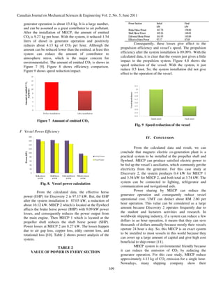 Canadian Journal on Mechanical Sciences & Engineering Vol. 2, No. 5, June 2011

    generator operation is about 13.4 kg. It is a large number,          Power Section           Initial           Final
                                                                                                 kW                kW
    and can be assumed as a great contributor to air pollutant.          Brake Horse Power       167.78            158.69
    After the installation of MECP, the amount of emitted                Shaft Horse Power       165.26            148.04
    CO2 is 9.27 kg per hour. With the system, it reduced 1.54            Delivered Horse Power   161.95            145.08
                                                                         Effective Horse Power   97.17             87.05
    liters of diesel in generator operation and positively
    reduces about 4.13 kg of CO2 per hour. Although the                       Consequently, these losses give effect to the
    amount can be reduced lower than the emitted, at least this     propulsion efficiency and vessel’s speed. The propulsion
    system can reduce the amount of contributor to                  efficiency after the system installation is 89.09%. With the
    atmosphere stress, which is the major concern for               calculated data, it is clear that the system just gives a little
    environmentalist. The amount of emitted CO2 is shows in         impact to the propulsion system. Figure 4.8 shows the
    Figure 7 [9]. Figure 8 shows efficiency comparison.             speed reduction of the vessel. With the system, it just
    Figure 9 shows speed reduction impact.                          reduce 0.5 knot. So, the system installation did not give
                                                                    effect to the operation of the vessel.




             Figure 7 Amount of emitted CO2
                                                                               Fig. 9 Speed reduction of the vessel
 F Vessel Power Efficiency
                                                                                          IV. CONCLUSION

                                                                              From the calculated data and result, we can
                                                                    conclude that magneto electric co-generation plant is a
                                                                    practical system to be installed at the propeller shaft and
                                                                    flywheel. MECP can produce satisfied electric power to
                                                                    be fed up the vessel’s auxiliaries, which commonly get the
                                                                    electricity from the generator. For this case study at
                                                                    Discovery 2, the system produces 0.4 kW for MECP 1
                                                                    and 3.34 kW for MECP 2, and both total at 3.74 kW. The
               Fig. 8. Vessel power calculation                     system can be connected to lighting, refrigerator and
                                                                    communication and navigational aids.
              From the calculated data, the effective horse                   Power sharing by MECP can reduce the
    power (EHP) for Discovery 2 is 97.17 kW. But, the EHP           generator operation and consequently reduce vessel
    after the system installation is 87.05 kW, a reduction of       operational cost. UMT can deduct about RM 2.60 per
    about 10.12 kW. MECP 2 which is located at the flywheel         hour operation. This value can be considered as a large
    affects the brake horse power (BHP) with 9.09 kW power          amount because Discovery 2 operates frequently due to
    losses, and consequently reduces the power output from          the student and lecturers activities and research. In
    the main engine. Then MECP 1 which is located at the            worldwide shipping industry, if a system can reduce a few
    propeller shaft reduces the shaft horse power (SHP).            dollars in an hour operation, it means that they can save
    Power losses at MECP 2 are 8.27 kW. The losses happen           thousands of dollars annually because mostly their vessels
    due to air gap loss, copper loss, eddy current loss, and        operate 24 hour a day. So, this MECP is an exact system
    rotational loss [10]. Table 2 shows power analysis of the       to be installed to most vessels in this world because they
    system.                                                         can cover up a large amount of capital and give high cost
                                                                    beneficial to ship owner [11].
                     TABLE 2                                                  MECP system is environmental friendly because
         VALUE OF POWER IN EVERY SECTION                            it can reduce the emission of CO2 by reducing the
                                                                    generator operation. For this case study, MECP reduce
                                                                    approximately 4.13 kg of CO2 emission for a single hour.
                                                                    Nowadays, many shipping company show their
                                                              109
 