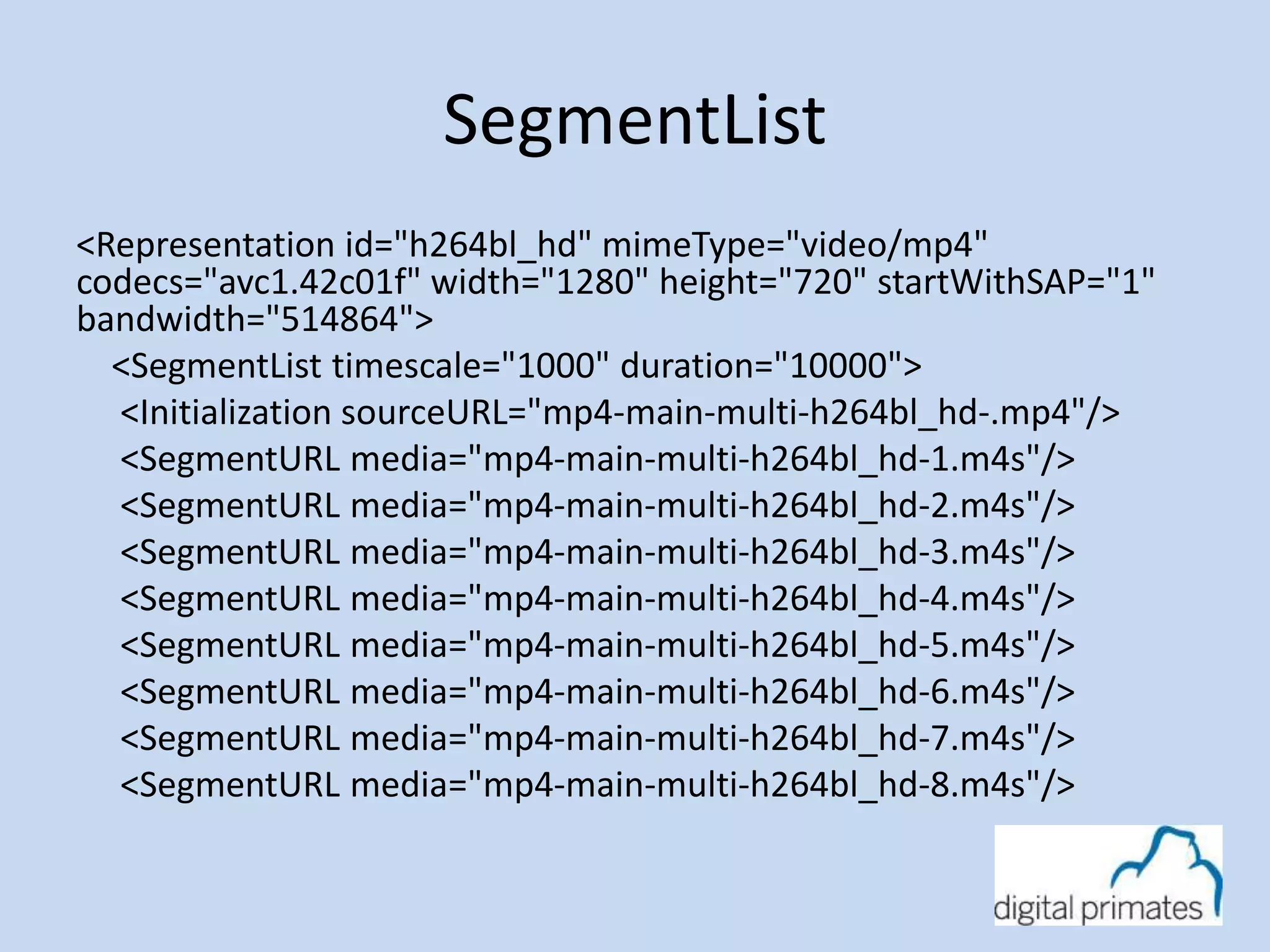 SegmentList 
<Representation id="h264bl_hd" mimeType="video/mp4" 
codecs="avc1.42c01f" width="1280" height="720" startWithSAP="1" 
bandwidth="514864"> 
<SegmentList timescale="1000" duration="10000"> 
<Initialization sourceURL="mp4-main-multi-h264bl_hd-.mp4"/> 
<SegmentURL media="mp4-main-multi-h264bl_hd-1.m4s"/> 
<SegmentURL media="mp4-main-multi-h264bl_hd-2.m4s"/> 
<SegmentURL media="mp4-main-multi-h264bl_hd-3.m4s"/> 
<SegmentURL media="mp4-main-multi-h264bl_hd-4.m4s"/> 
<SegmentURL media="mp4-main-multi-h264bl_hd-5.m4s"/> 
<SegmentURL media="mp4-main-multi-h264bl_hd-6.m4s"/> 
<SegmentURL media="mp4-main-multi-h264bl_hd-7.m4s"/> 
<SegmentURL media="mp4-main-multi-h264bl_hd-8.m4s"/> 
 