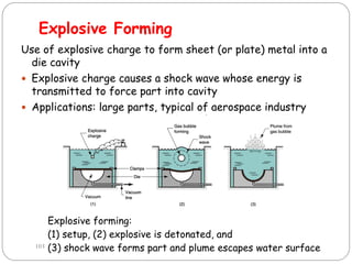 Explosive Forming
Use of explosive charge to form sheet (or plate) metal into a
die cavity
 Explosive charge causes a shock wave whose energy is
transmitted to force part into cavity
 Applications: large parts, typical of aerospace industry
Explosive forming:
(1) setup, (2) explosive is detonated, and
(3) shock wave forms part and plume escapes water surface
103
 