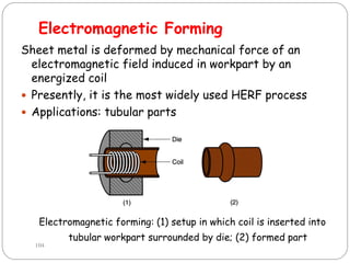 Electromagnetic Forming
Sheet metal is deformed by mechanical force of an
electromagnetic field induced in workpart by an
energized coil
 Presently, it is the most widely used HERF process
 Applications: tubular parts
Electromagnetic forming: (1) setup in which coil is inserted into
tubular workpart surrounded by die; (2) formed part
104
 