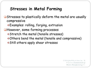 ©2010 JohnWiley & Sons, Inc. M
P Groover, Fundamentals of
Modern Manufacturing 4/e
Stresses in Metal Forming
Stresses to plastically deform the metal are usually
compressive
Examples: rolling, forging, extrusion
However, some forming processes
Stretch the metal (tensile stresses)
Others bend the metal (tensile and compressive)
Still others apply shear stresses
 