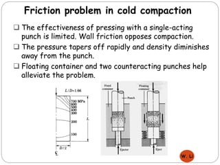 W. Li
Friction problem in cold compaction
 The effectiveness of pressing with a single-acting
punch is limited. Wall friction opposes compaction.
 The pressure tapers off rapidly and density diminishes
away from the punch.
 Floating container and two counteracting punches help
alleviate the problem.
 