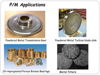 Powdered Metal Transmission Gear Powdered Metal Turbine blade-disk
P/M Applications
Oil-impregnated Porous Bronze Bearings Metal filters
 