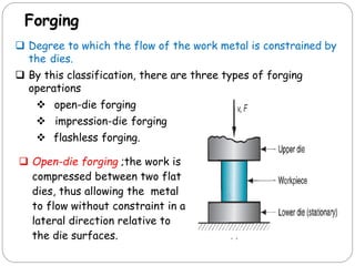Forging
 Degree to which the flow of the work metal is constrained by
the dies.
 By this classification, there are three types of forging
operations
 open-die forging
 impression-die forging
 flashless forging.
 Open-die forging ;the work is
compressed between two flat
dies, thus allowing the metal
to flow without constraint in a
lateral direction relative to
the die surfaces.
 