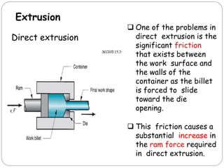 Extrusion
Direct extrusion
 One of the problems in
direct extrusion is the
significant friction
that exists between
the work surface and
the walls of the
container as the billet
is forced to slide
toward the die
opening.
 This friction causes a
substantial increase in
the ram force required
in direct extrusion.
 