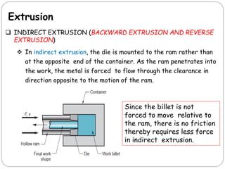 Extrusion
 INDIRECT EXTRUSION (BACKWARD EXTRUSION AND REVERSE
EXTRUSION)
 In indirect extrusion, the die is mounted to the ram rather than
at the opposite end of the container. As the ram penetrates into
the work, the metal is forced to flow through the clearance in
direction opposite to the motion of the ram.
Since the billet is not
forced to move relative to
the ram, there is no friction
thereby requires less force
in indirect extrusion.
 