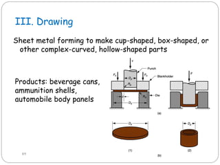 III. Drawing
Sheet metal forming to make cup-shaped, box-shaped, or
other complex-curved, hollow-shaped parts
Products: beverage cans,
ammunition shells,
automobile body panels
89
 
