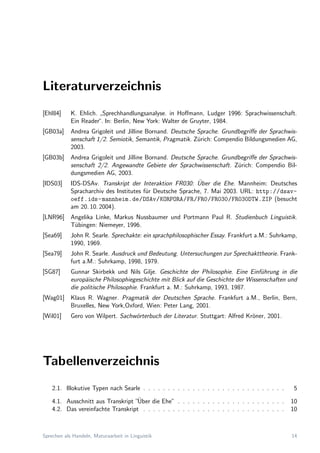 Literaturverzeichnis
[Ehl84] K. Ehlich.
”
Sprechhandlungsanalyse. in Hoﬀmann, Ludger 1996: Sprachwissenschaft.
Ein Reader“. In: Berlin, New York: Walter de Gruyter, 1984.
[GB03a] Andrea Grigoleit und Jilline Bornand. Deutsche Sprache. Grundbegriﬀe der Sprachwis-
senschaft 1/2. Semiotik, Semantik, Pragmatik. Z¨urich: Compendio Bildungsmedien AG,
2003.
[GB03b] Andrea Grigoleit und Jilline Bornand. Deutsche Sprache. Grundbegriﬀe der Sprachwis-
senschaft 2/2. Angewandte Gebiete der Sprachwissenschaft. Z¨urich: Compendio Bil-
dungsmedien AG, 2003.
[IDS03] IDS-DSAv. Transkript der Interaktion FR030: ¨Uber die Ehe. Mannheim: Deutsches
Spracharchiv des Institutes f¨ur Deutsche Sprache, 7. Mai 2003. URL: http://dsav-
oeff.ids-mannheim.de/DSAv/KORPORA/FR/FR0/FR030/FR030DTW.ZIP (besucht
am 20. 10. 2004).
[LNR96] Angelika Linke, Markus Nussbaumer und Portmann Paul R. Studienbuch Linguistik.
T¨ubingen: Niemeyer, 1996.
[Sea69] John R. Searle. Sprechakte: ein sprachphilosophischer Essay. Frankfurt a.M.: Suhrkamp,
1990, 1969.
[Sea79] John R. Searle. Ausdruck und Bedeutung. Untersuchungen zur Sprechakttheorie. Frank-
furt a.M.: Suhrkamp, 1998, 1979.
[SG87] Gunnar Skirbekk und Nils Gilje. Geschichte der Philosophie. Eine Einf¨uhrung in die
europ¨aische Philosophiegeschichte mit Blick auf die Geschichte der Wissenschaften und
die politische Philosophie. Frankfurt a. M.: Suhrkamp, 1993, 1987.
[Wag01] Klaus R. Wagner. Pragmatik der Deutschen Sprache. Frankfurt a.M., Berlin, Bern,
Bruxelles, New York,Oxford, Wien: Peter Lang, 2001.
[Wil01] Gero von Wilpert. Sachw¨orterbuch der Literatur. Stuttgart: Alfred Kr¨oner, 2001.
Tabellenverzeichnis
2.1. Illokutive Typen nach Searle . . . . . . . . . . . . . . . . . . . . . . . . . . . . . 5
4.1. Ausschnitt aus Transkript ”¨Uber die Ehe” . . . . . . . . . . . . . . . . . . . . . . 10
4.2. Das vereinfachte Transkript . . . . . . . . . . . . . . . . . . . . . . . . . . . . . 10
Sprechen als Handeln, Maturaarbeit in Linguistik 14
 