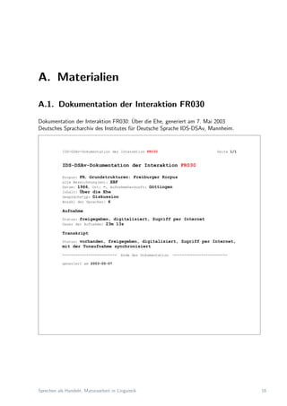 A. Materialien
A.1. Dokumentation der Interaktion FR030
Dokumentation der Interaktion FR030: ¨Uber die Ehe, generiert am 7. Mai 2003
Deutsches Spracharchiv des Institutes f¨ur Deutsche Sprache IDS-DSAv, Mannheim.
IDS-DSAv-Dokumentation der Interaktion FR030 Seite 1/1
IDS-DSAv-Dokumentation der Interaktion FR030
Korpus: FR, Grundstrukturen: Freiburger Korpus
alte Bezeichnung(en): XBF
Datum: 1966, Ort: -, Aufnahmeherkunft: Göttingen
Inhalt: Über die Ehe
Gesprächstyp: Diskussion
Anzahl der Sprecher: 4
Aufnahme
Status: freigegeben, digitalisiert, Zugriff per Internet
Dauer der Aufnahme: 23m 13s
Transkript
Status: vorhanden, freigegeben, digitalisiert, Zugriff per Internet,
mit der Tonaufnahme synchronisiert
------------------------- Ende der Dokumentation -------------------------
generiert am 2003-05-07
Sprechen als Handeln, Maturaarbeit in Linguistik 16
 