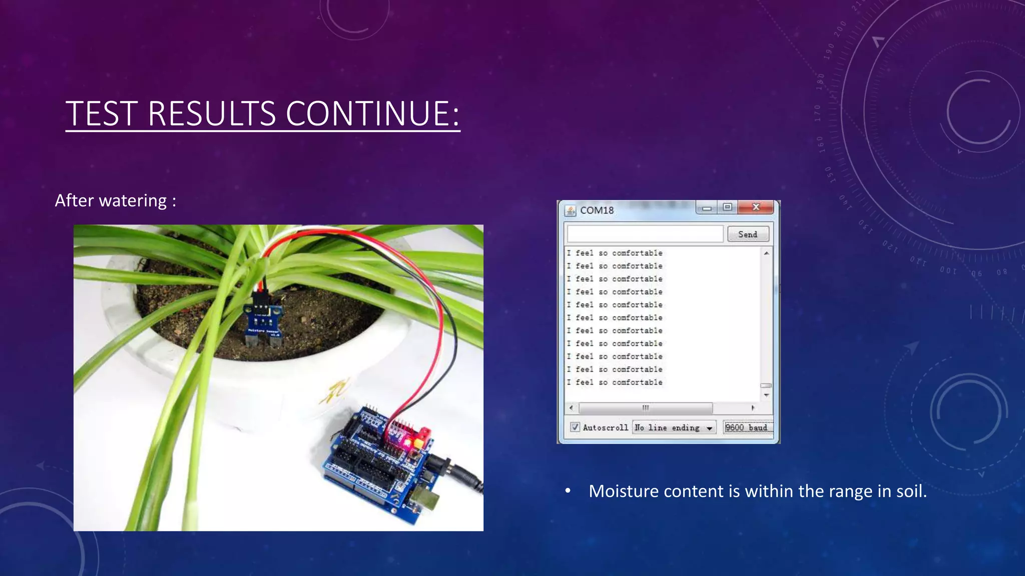 TEST RESULTS CONTINUE:
After watering :
• Moisture content is within the range in soil.
 