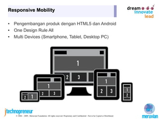 Responsive Mobility

•   Pengembangan produk dengan HTML5 dan Android
•   One Design Rule All
•   Multi Devices (Smartphone, Tablet, Desktop PC)




    © 2004 – 2009 , Meruvian Foundation. All rights reserved. Proprietary and Confidential - Not to be Copied or Distributed.
 
