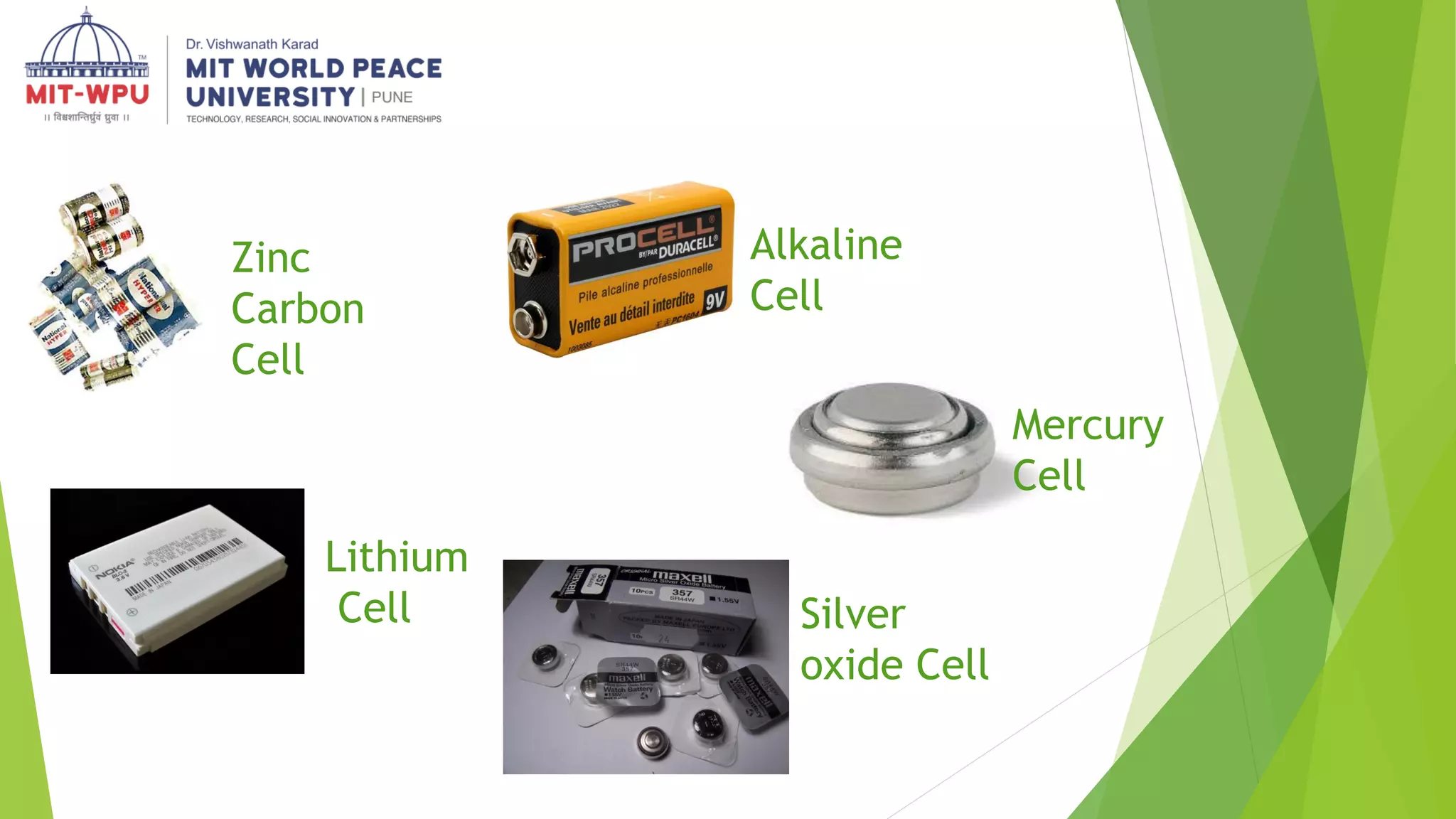 Alkaline
Cell
Silver
oxide Cell
Zinc
Carbon
Cell
Lithium
Cell
Mercury
Cell
 