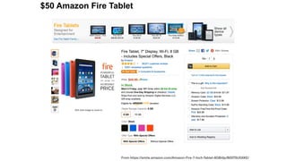 From https://smile.amazon.com/Amazon-Fire-7-Inch-Tablet-8GB/dp/B00TSUGXKE/
$50 Amazon Fire Tablet
 
