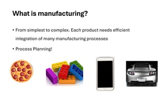 What is manufacturing?
• From simplest to complex. Each product needs efficient
integration of many manufacturing processes
• Process Planning!
 
