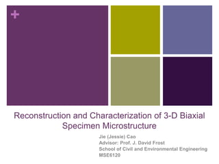 + 
Reconstruction and Characterization of 3-D Biaxial 
Specimen Microstructure 
Jie (Jessie) Cao 
Advisor: Prof. J. David Frost 
School of Civil and Environmental Engineering 
MSE6120 
 