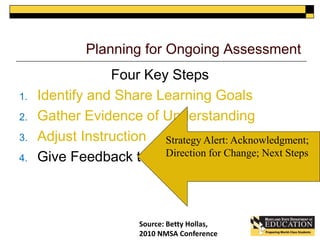 Planning for Ongoing Assessment 
Four Key Steps 
1. Identify and Share Learning Goals 
2. Gather Evidence of Understanding 
3. Adjust Instruction 
Strategy Alert: Acknowledgment; 
Direction for Change; Next Steps 
4. Give Feedback to Students 
Source: Betty Hollas, 
2010 NMSA Conference 
 