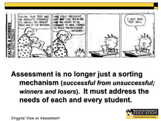 Assessment is no longer just a sorting 
mechanism (successful from unsuccessful; 
winners and losers). It must address the 
needs of each and every student. 
Stiggins’ View on Assessment 
 