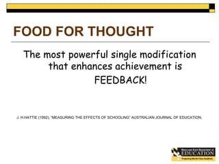 FOOD FOR THOUGHT 
The most powerful single modification 
that enhances achievement is 
FEEDBACK! 
J. H.HATTIE (1992), “MEASURING THE EFFECTS OF SCHOOLING” AUSTRALIAN JOURNAL OF EDUCATION. 
 