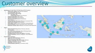  Agrobusiness (Crude Palm Oil, Palm Kernel Oil, Forestry) :
 Tidar Kerinci Agung, Jambi and West Sumatera
 Citra Koprasindo Tani, Jambi
 Agro Investama (Lippo Group)
 Tebo Indah, Jambi
 Katingan Mujur Sejahtera, West Kalimantan
 Indonusa Agromulia, Jambi, Papua
 Hamita Utama Karsa, South Sumatera
 Musi Hutan Persada (Japanese Investment),
South Sumatera
 Tabung Haji Indo Plantation (Malaysian Investment), Riau
 Gruti Lestari Pratama, North Sumatera
 Palem Segar Lestari (Chinese Investment), North Kalimantan
 Perum Perhutani (Forestry-Government Own), All over Java
 Bumitama Gunajaya Agro (Malaysian Investment) South Kalimantan
 Others :
 Bunda Hospital Group, Jakarta, West Java, East Java,
West Sumatera
 Inti Tullet Prebon Indonesia, Money Brokerage, Jakarta
 Kencana Tour and Travel, Jakarta
 Housing Saving of Civil Servant Agency, Goverment
 Wadah Foundation (Malaysia, Philippines, India Affiliation),
Jakarta
 Partner/Main Contractor :
 Indocyber Global Nusantara, Indonesia
 IBM, Indonesia and Asia Pacific
 Hermis Consulting (Blue Bird Group), Indonesia
 Trillium Technology, Indonesia, Singapore
 Ekomoditi, Indonesia, Malaysia
 Telekomunikasi Indonesia, Government owned
Customer overview
 