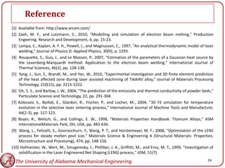 Reference
[1] Available from: http://www.arcam.com/.
[2] Zaeh, M. F., and Lutzmann, S., 2010, "Modelling and simulation of electron beam melting," Production
    Engeering. Research and Development, 4, pp. 15-23.
[3] Lampa, C., Kaplan, A. F. H., Powell, J., and Magnusson, C., 1997, "An analytical thermodynamic model of laser
    welding," Journal of Physics D: Applied Physics, 30(9), p. 1293.
[4] Rouquette, S., Guo, J., and Le Masson, P., 2007, "Estimation of the parameters of a Gaussian heat source by
    the Levenberg-Marquardt method: Application to the electron beam welding," International Journal of
    Thermal Sciences, 46(2), pp. 128-138.
[5] Yang, J., Sun, S., Brandt, M., and Yan, W., 2010, "Experimental investigation and 3D finite element prediction
    of the heat affected zone during laser assisted machining of Ti6Al4V alloy," Journal of Materials Processing
    Technology, 210(15), pp. 2215-2222.
[6] Sih, S. S., and Barlow, J. W., 2004, "The prediction of the emissivity and thermal conductivity of powder beds,"
    Particulate Science and Technology, 22, pp. 291-304.
[7] Kolossov, S., Boillat, E., Glardon, R., Fischer, P., and Locher, M., 2004, "3D FE simulation for temperature
    evolution in the selective laser sintering process," International Journal of Machine Tools and Manufacture,
    44(2-3), pp. 117-123.
[8] Boyer, R., Welsch, G., and Collings, E. W., 1998, "Materials Properties Handbook: Titanium Alloys," ASM
    InternationalMaterials Park, OH, USA, pp. 483-636.
[9] Wang, L., Felicelli, S., Gooroochurn, Y., Wang, P. T., and Horstemeyer, M. F., 2008, "Optimization of the LENS
    process for steady molten pool size," Materials Science & Engineering A (Structural Materials: Properties,
    Microstructure and Processing), 474, pp. 148-156.
[10] Hofmeister, W., Wert, M., Smugeresky, J., Philliber, J. A., Griffith, M., and Ensz, M. T., 1999, "Invesitigation of
    solidification in the Laser Engineered Net Shaping (LENS) process," JOM, 51(7).

  The University of Alabama-Mechanical Engineering                                                                  24
 