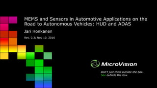 Don’t just think outside the box.
See outside the box.
MEMS and Sensors in Automotive Applications on the
Road to Autonomous Vehicles: HUD and ADAS
Jari Honkanen
Rev. 0.3; Nov 10, 2016
 