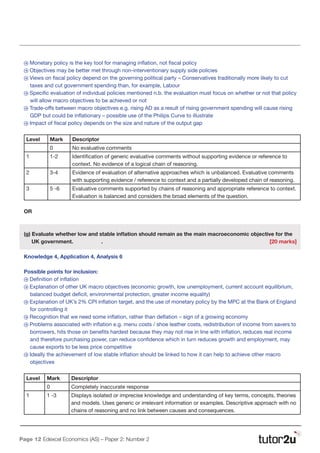 Page 12 Edexcel Economics (AS) – Paper 2: Number 2
N Monetary policy is the key tool for managing inflation, not fiscal policy
N Objectives may be better met through non-interventionary supply side policies
N Views on fiscal policy depend on the governing political party – Conservatives traditionally more likely to cut
taxes and cut government spending than, for example, Labour
N Specific evaluation of individual policies mentioned n.b. the evaluation must focus on whether or not that policy
will allow macro objectives to be achieved or not
N Trade-offs between macro objectives e.g. rising AD as a result of rising government spending will cause rising
GDP but could be inflationary – possible use of the Philips Curve to illustrate
N Impact of fiscal policy depends on the size and nature of the output gap
Level Mark Descriptor
0 No evaluative comments
1 1-2 Identification of generic evaluative comments without supporting evidence or reference to
context. No evidence of a logical chain of reasoning.
2 3-4 Evidence of evaluation of alternative approaches which is unbalanced. Evaluative comments
with supporting evidence / reference to context and a partially developed chain of reasoning.
3 5 -6 Evaluative comments supported by chains of reasoning and appropriate reference to context.
Evaluation is balanced and considers the broad elements of the question.
OR
(g) Evaluate whether low and stable inflation should remain as the main macroeconomic objective for the
UK government.		 . 							 [20 marks]
Knowledge 4, Application 4, Analysis 6
Possible points for inclusion:
N Definition of inflation
N Explanation of other UK macro objectives (economic growth, low unemployment, current account equilibrium,
balanced budget deficit, environmental protection, greater income equality)
N Explanation of UK’s 2% CPI inflation target, and the use of monetary policy by the MPC at the Bank of England
for controlling it
N Recognition that we need some inflation, rather than deflation – sign of a growing economy
N Problems associated with inflation e.g. menu costs / shoe leather costs, redistribution of income from savers to
borrowers, hits those on benefits hardest because they may not rise in line with inflation, reduces real income
and therefore purchasing power, can reduce confidence which in turn reduces growth and employment, may
cause exports to be less price competitive
N Ideally the achievement of low stable inflation should be linked to how it can help to achieve other macro
objectives
Level Mark Descriptor
0 Completely inaccurate response
1 1 -3 Displays isolated or imprecise knowledge and understanding of key terms, concepts, theories
and models. Uses generic or irrelevant information or examples. Descriptive approach with no
chains of reasoning and no link between causes and consequences.
 