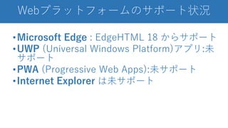 Webプラットフォームのサポート状況
•Microsoft Edge : EdgeHTML 18 からサポート
•UWP (Universal Windows Platform)アプリ:未
サポート
•PWA (Progressive Web Apps):未サポート
•Internet Explorer は未サポート
 
