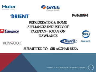 SUBMITTED TO: SIR ASGHAR REZA
S U P P L Y – D I S T R I B U T I O N - M A N U F A C T U R I N G 1
REFRIGERATOR & HOME
APPLIANCES INDUSTRY OF
PAKISTAN- FOCUS ON
DAWLANCE
 