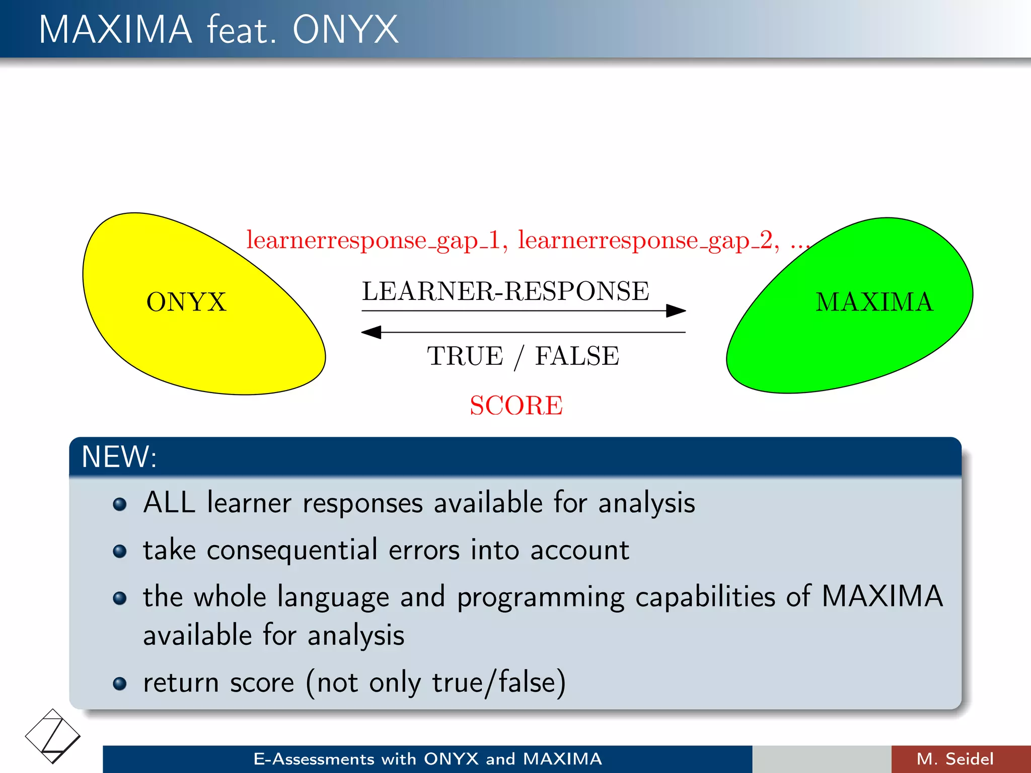 MAXIMA feat. ONYX
ONYX MAXIMA
TRUE / FALSE
LEARNER-RESPONSE
learnerresponse gap 1, learnerresponse gap 2, ...
SCORE
NEW:
ALL learner responses available for analysis
take consequential errors into account
the whole language and programming capabilities of MAXIMA
available for analysis
return score (not only true/false)
E-Assessments with ONYX and MAXIMA M. Seidel
 