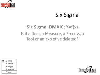 Six Sigma
                 Six Sigma: DMAIC; Y=f(x)
              Is it a Goal, a Measure, a Process, a
                  Tool or an expletive deleted?



 D efine
   M easure
   A nalyze
   I mprove
   C ontrol
 