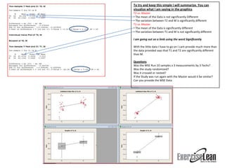 To try and keep this simple I will summarize. You can
visualize what I am saying in the graphics
T2 vs. Master
• The mean of the Data is not significantly Different
• The variation between T2 and M is significantly different
T1 vs. Master
• The mean of the Data is significantly different
• The variation between T1 and M is not significantly different

I am going out on a limb using the word Significantly

With the little data I have to go on I cant provide much more than
the data provided says that T1 and T2 are significantly different
than M.

Questions
Was the MSE Run 10 samples x 3 measurements by 3 Techs?
Was the study randomized?
Was it crossed or nested?
If the Study was run again with the Master would it be similar?
Can you provide the MSE Data
 
