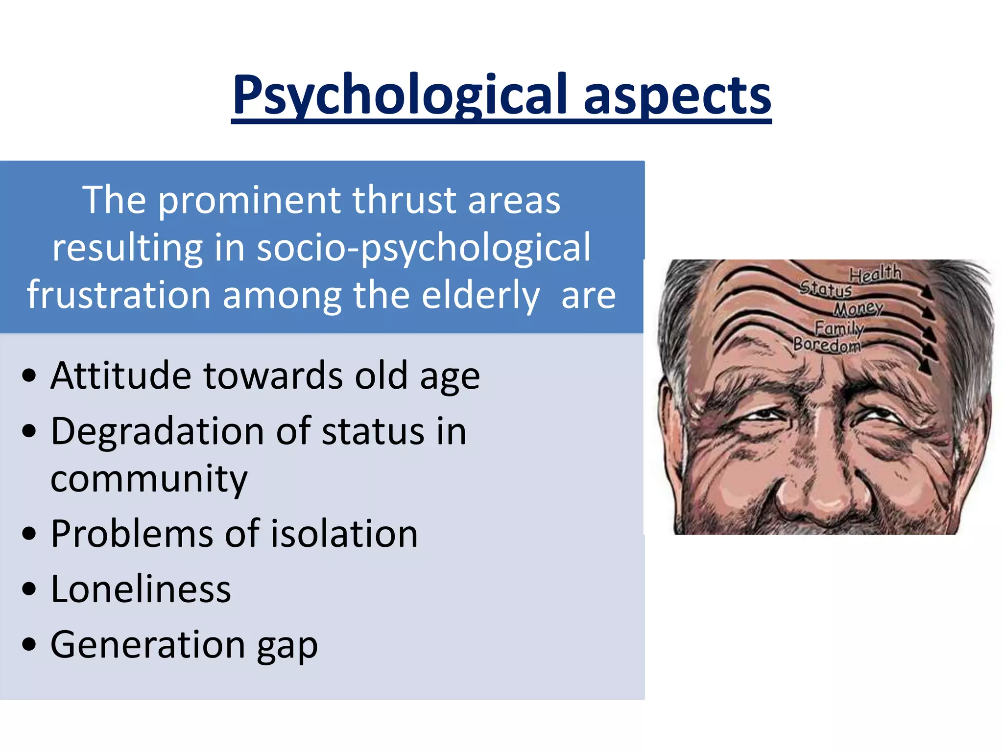 Psychological aspects
The prominent thrust areas
resulting in socio-psychological
frustration among the elderly are
• Attitude towards old age
• Degradation of status in
community
• Problems of isolation
• Loneliness
• Generation gap
 