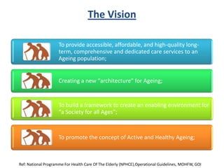 The Vision
Ref: National Programme For Health Care Of The Elderly (NPHCE),Operational Guidelines, MOHFW, GOI
To provide accessible, affordable, and high-quality long-
term, comprehensive and dedicated care services to an
Ageing population;
Creating a new “architecture” for Ageing;
To build a framework to create an enabling environment for
“a Society for all Ages”;
To promote the concept of Active and Healthy Ageing;
 