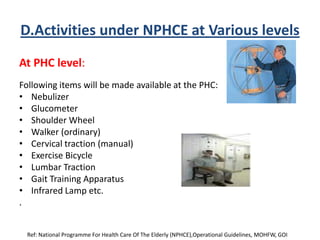 D.Activities under NPHCE at Various levels
At PHC level:
Following items will be made available at the PHC:
• Nebulizer
• Glucometer
• Shoulder Wheel
• Walker (ordinary)
• Cervical traction (manual)
• Exercise Bicycle
• Lumbar Traction
• Gait Training Apparatus
• Infrared Lamp etc.
.
Ref: National Programme For Health Care Of The Elderly (NPHCE),Operational Guidelines, MOHFW, GOI
 