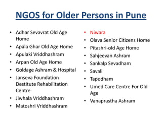 NGOS for Older Persons in Pune
• Adhar Sevavrat Old Age
Home
• Apala Ghar Old Age Home
• Apulaki Vriddhashram
• Arpan Old Age Home
• Goldage Ashram & Hospital
• Janseva Foundation
Destitute Rehabilitation
Centre
• Jiwhala Vriddhashram
• Matoshri Vriddhashram
• Niwara
• Olava Senior Citizens Home
• Pitashri-old Age Home
• Sahjeevan Ashram
• Sankalp Sevadham
• Savali
• Tapodham
• Umed Care Centre For Old
Age
• Vanaprastha Ashram
 