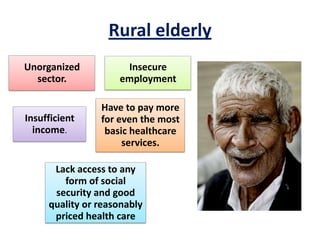 Rural elderly
Unorganized
sector.
Insecure
employment
Insufficient
income.
Lack access to any
form of social
security and good
quality or reasonably
priced health care
Have to pay more
for even the most
basic healthcare
services.
 