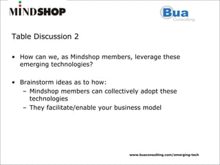Table Discussion 2 How can we, as Mindshop members, leverage these emerging technologies? Brainstorm ideas as to how: Mindshop members can collectively adopt these technologies They facilitate/enable your business model 