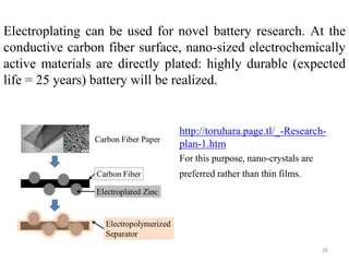 Electroplating can be used for novel battery research. At the 
conductive carbon fiber surface, nano-sized electrochemically 
active materials are directly plated: highly durable (expected 
life = 25 years) battery will be realized. 
http://toruhara.page.tl/_-Research-plan- 
26 
1.htm 
For this purpose, nano-crystals are 
preferred rather than thin films. 
 