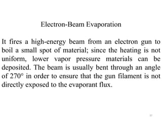 Electron-Beam Evaporation 
It fires a high-energy beam from an electron gun to 
boil a small spot of material; since the heating is not 
uniform, lower vapor pressure materials can be 
deposited. The beam is usually bent through an angle 
of 270° in order to ensure that the gun filament is not 
directly exposed to the evaporant flux. 
37 
 