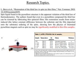 50 
Research Topics. 
L. Bovo et al., “Restoration of the third law in spin ice thin films,” Nat. Commun. DOI: 
10.1038/ncomms4439. 
Spin liquid found in the pyrochlore structure is the apparent violation of the third law of 
thermodynamics. The authors found that even in a pyrochlore compound the third law 
can be restored by fabricating thin epitaxial films: this restoration results from strain-induced 
(the lattice constant difference between the substrate and the film deposited 
onto the substrate) ordering of the spins. showing how the physics of frustrated 
pyrochlore magnets such as spin ice may be significantly modified in thin-film samples. 
 