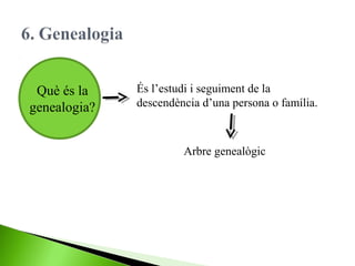 Què és la
genealogia?

És l’estudi i seguiment de la
descendència d’una persona o família.

Arbre genealògic

 