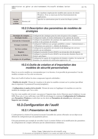 2                   %$                                           3   4    2 5                          42 / 76
0((6


                                       des machines employant des modèles plus anciens de clients
                                       Windows. Il ne se soucie pas du bon fonctionnement des
                                       applications.
 Sécurité                              Spécifie les autorisations pour la racine du disque système.
  racine        Rootsec.inf
 système

              10.2.3. Description des paramètres de modèles de
                  stratégies
  Stratégies de comptes         Configurent des stratégies pour les mots de passe et les comptes.
    Stratégies locales          Configurent l' audit, les droits d'
                                                                  utilisateur et les options de sécurité.
                                Configure les paramètres des journaux des applications, des journaux
Journal des événements
                                système et des journaux de sécurité
                                Configurent l' adhésion aux groupes prédéfinis comme « Administrateurs »,
   Groupes restreints
                                « Utilisateurs avec pouvoir », Admins du domaine, …
                                Configurent les paramètres de sécurité et de démarrage des services
    Services système
                                exécutés sur un ordinateur
         Registre               Configure la sécurité d’accès (DACL) au niveau des clés du registre.
                                Configure la sécurité d’accès (DACL) au niveau des chemins d'       accès de
   Système de fichiers
                                fichiers spécifiques
                                Configurent les agents de récupération de données cryptées, les racines de
Stratégies de clé publique
                                domaines, les autorités de certification approuvées, etc.

              10.2.4. Outils de création et d’importation des
                  modèles de sécurité personnalisés
Dans le cas ou les modèles ne correspondent pas à vos besoins, il est possible de personnaliser l’un des
modèles existants ou d’en créer un nouveau.

Pour cela il suffit d’utiliser les deux composants logiciels enfichables :

- Modèles de sécurité : Permet de visualiser et de gérer les modèles existant sur le système (par défaut
dans le répertoire %systemroot%securitytemplates).

- Configuration et analyse de la sécurité : Permet de tester et d’appliquer à la machine en cours les
modèles de stratégies que l’on a créés.

Une fois votre modèle créé et testé, vous pouvez l’importer dans Active Directory pour le déployer via une
GPO. Pour cela, il vous suffit dans votre GPO de développer le conteneur Configuration de l’ordinateur,
puis Paramètres Windows et enfin faire un clic droit sur Paramètres de sécurité pour sélectionner
Importer une stratégie.


       10.3.Configuration de l’audit
              10.3.1. Présentation de l’audit
L’audit permet la création d’un journal recensant l’ensemble des actions effectuées sur un objet ou un
élément de configuration par une population précise.

Cela peut permettre par exemple de surveiller l’accès à certains fichiers ou la modification des paramètres
de configuration des comptes utilisateur par des administrateurs subalternes.




                                  ! 77555)# 8                   /          3 ) %
                Ce document est la propriété de Supinfo et est soumis aux règles de droits d’auteurs
 