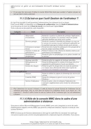 2                   %$                                            3   4    2 5                            46 / 76
0((6


    Il sera peut être nécessaire d’utiliser la touche MAJ+Click droit pour accéder à l’option exécuter en
    tant que dans le menu contextuel.

             11.1.3. Qu'
                       est-ce que l'
                                   outil Gestion de l'
                                                     ordinateur ?
Il s’agit d’un ensemble d’outil permettant l’administration d’un ordinateur local ou distant.
Cette console MMC est disponible via le Panneau de configuration, dans les Outils d’administrations
ou en faisant un clic droit sur le Poste de travail et en choisissant l’option Gérer.
Voila ci-dessous un descriptif des outils disponible :

    Catégorie                     Outil                                        Description
Outils système
                        Observateur                  Permet de visualiser le contenu des journaux Applications,
                        d’événements                 Sécurités et Systèmes. Ces journaux sont d’une grande
                                                     aide pour identifier une érreur sur le sysème.
                        Dossiers partagés            Permet de visualiser l’ensemble des partages en cours sur
                                                     le serveur, les sessions ouverte (utilisateurs authentifié sur
                                                     la machine) ainsi que les fichiers ouverts sur le serveur.
                        Utilisateurs et groupes      Permet de créer et gérer les utilisateurs et les groupes de la
                        locaux                       base de compte local (base SAM).
                        Journaux et alertes de       Permet d’analyser et de collecter les données relatives aux
                        performances                 performances de l'  ordinateur.
                        Gestionnaire de              Permet de gérer les périphériques et les pilotes installés sur
                        périphériques                le serveur.
Stockage
                        Stockage amovible            Permet de gérer les supports de stockage amovibles.
                        Défragmenteur de             Permet de défragmenter le contenu d’un disque afin d’en
                        disque                       augmenter les performances d’accès aux données.
                        Gestion des disques          Permet de gérer les disques durs en créant des partitions
                                                     ou volume, leurs affectant des lettres dans le poste de
                                                     travail et en les formatant si necessaires.
Services et applications
                      Services                       Permet de définir les options de démarrage des services du
                                                     serveur.
                        Contrôles WMI                Permet de configurer et gérer le service de gestion
                                                     Windows.
                        Service d’indexation         Permet de gérer, créer et configurer l'
                                                                                           indexation des
                                                     catalogues supplémentaires pour stocker les informations
                                                     d'index.

    Pour administrer un serveur à distance, il suffit de lancer la console Gestion de l’ordinateur sur un
    ordinateur quelconque, faire un click droit sur Gestion de l’ordinateur (local), et de cliquer sur « Se
    connecter à ». Ensuite il suffit d’entrer le nom ou l’adresse IP de l’ordinateur que l’on veut administrer
    à distance.

             11.1.4. Rôle de la console MMC dans le cadre d'
                                                           une
                 administration à distance
Vous pouvez utiliser Microsoft Management Console (MMC) pour créer, enregistrer et ouvrir des outils
d'administration (appelés consoles MMC) qui gèrent les composants matériels, logiciels et réseau de votre
système Windows.

MMC n' exécute pas de fonctions administratives alors que les outils hôtes les exécutent. Les outils que
vous pouvez ajouter à une console sont principalement des composants logiciels enfichables. Vous pouvez



                                   ! 77555)# 8                   /          3 ) %
                 Ce document est la propriété de Supinfo et est soumis aux règles de droits d’auteurs
 