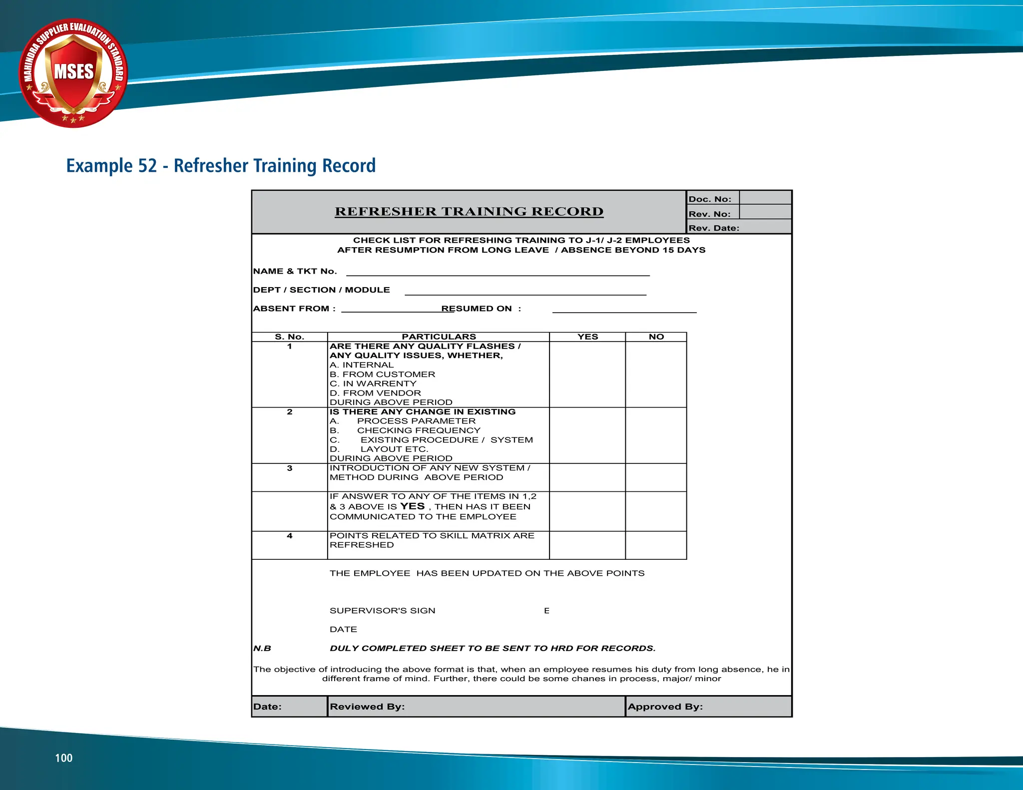 M
A
H
I
N
D
R
A
SUPPLIER EVALUATIO
N
S
T
A
N
D
A
R
D
MSES
MSES
MSES
100
Example 52 - Refresher Training Record
Doc. No:
Rev. No:
Rev. Date:
NAME & TKT No.
DEPT / SECTION / MODULE
ABSENT FROM : RESUMED ON :
S. No. PARTICULARS YES NO
1 ARE THERE ANY QUALITY FLASHES /
ANY QUALITY ISSUES, WHETHER,
A. INTERNAL
B. FROM CUSTOMER
C. IN WARRENTY
D. FROM VENDOR
DURING ABOVE PERIOD
2 IS THERE ANY CHANGE IN EXISTING
A. PROCESS PARAMETER
B. CHECKING FREQUENCY
C. EXISTING PROCEDURE / SYSTEM
D. LAYOUT ETC.
DURING ABOVE PERIOD
3 INTRODUCTION OF ANY NEW SYSTEM /
METHOD DURING ABOVE PERIOD
IF ANSWER TO ANY OF THE ITEMS IN 1,2
& 3 ABOVE IS YES , THEN HAS IT BEEN
COMMUNICATED TO THE EMPLOYEE
4 POINTS RELATED TO SKILL MATRIX ARE
REFRESHED
THE EMPLOYEE HAS BEEN UPDATED ON THE ABOVE POINTS
SUPERVISOR'S SIGN E
DATE
N.B DULY COMPLETED SHEET TO BE SENT TO HRD FOR RECORDS.
Date: Reviewed By: Approved By:
The objective of introducing the above format is that, when an employee resumes his duty from long absence, he in
different frame of mind. Further, there could be some chanes in process, major/ minor
CHECK LIST FOR REFRESHING TRAINING TO J-1/ J-2 EMPLOYEES
AFTER RESUMPTION FROM LONG LEAVE / ABSENCE BEYOND 15 DAYS
REFRESHER TRAINING RECORD
 