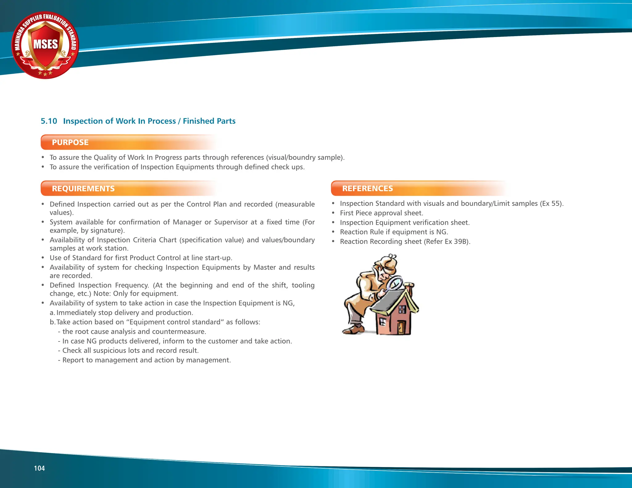 M
A
H
I
N
D
R
A
SUPPLIER EVALUATIO
N
S
T
A
N
D
A
R
D
MSES
MSES
MSES
104
PURPOSE
• To assure the Quality of Work In Progress parts through references (visual/boundry sample).
• To assure the verification of Inspection Equipments through defined check ups.
REQUIREMENTS
• Defined Inspection carried out as per the Control Plan and recorded (measurable
values).
• System available for confirmation of Manager or Supervisor at a fixed time (For
example, by signature).
• Availability of Inspection Criteria Chart (specification value) and values/boundary
samples at work station.
• Use of Standard for first Product Control at line start-up.
• Availability of system for checking Inspection Equipments by Master and results
are recorded.
• Defined Inspection Frequency. (At the beginning and end of the shift, tooling
change, etc.) Note: Only for equipment.
• Availability of system to take action in case the Inspection Equipment is NG,
a.Immediately stop delivery and production.
b.Take action based on “Equipment control standard” as follows:
- the root cause analysis and countermeasure.
- In case NG products delivered, inform to the customer and take action.
- Check all suspicious lots and record result.
- Report to management and action by management.
5.10 Inspection of Work In Process / Finished Parts
REFERENCES
• Inspection Standard with visuals and boundary/Limit samples (Ex 55).
• First Piece approval sheet.
• Inspection Equipment verification sheet.
• Reaction Rule if equipment is NG.
• Reaction Recording sheet (Refer Ex 39B).
 